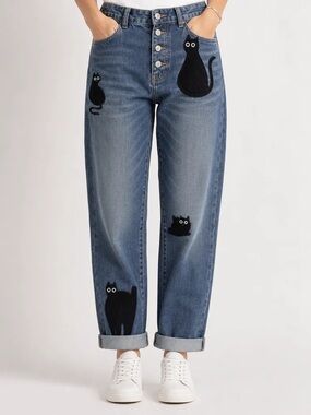 Unbranded Wide Leg Denim Jeans Cat Print 🐈‍⬛ Size XL